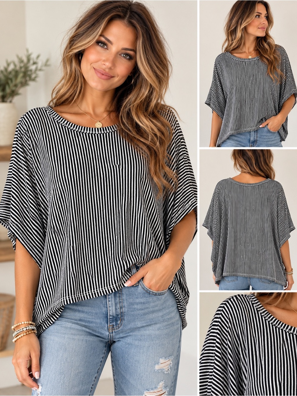Zenana Black White Striped Oversized Dolman Top L/XL Stretch